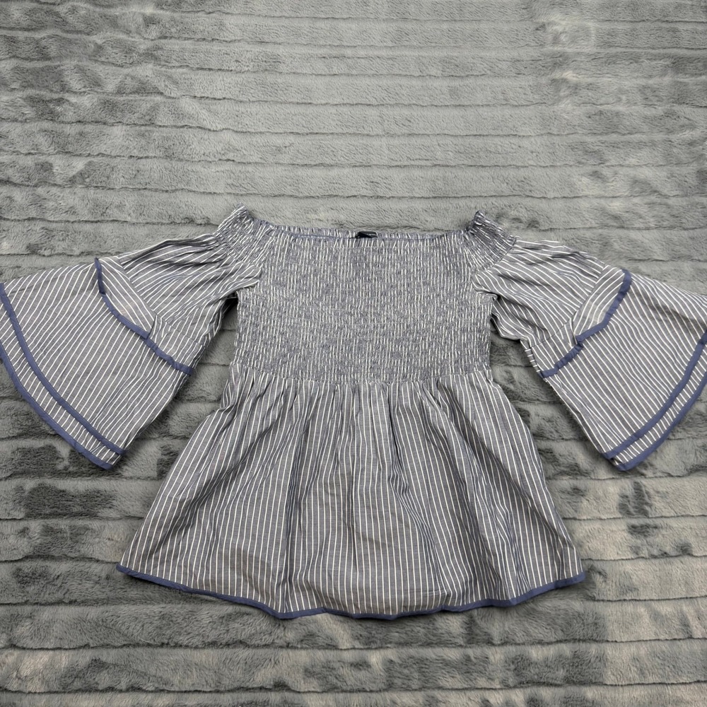 American Eagle Womens XS Blue White Striped Smocked Off Shoulder Bell Sleeve Top